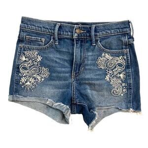 Hollister Women's High-Rise Denim Shorts Sz 1 Blue Floral Embroidered Distressed